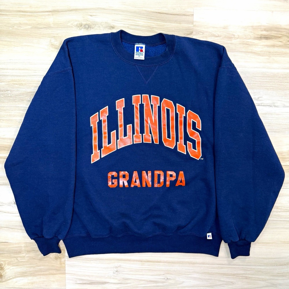 Vintage 90s Russell Athletic Illinois Grandpa Sweatshirt Mens XL Navy Made USA